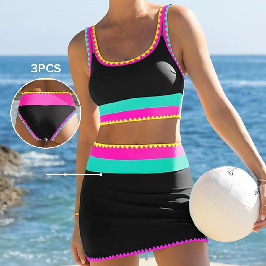 Popvil 3 Piece Bikini Set – Tummy Control High Waisted Swimsuit with Skirt Cover-Up-A0005
