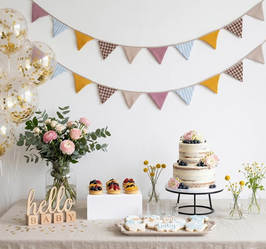 2Pcs Triangle Bunting Flag No-Diy Cotton Fabric Garland Reusable Party Banner for Nursery Baby Shower Birthday Boho Wedding Party Decoration Each 10 Flags(Pink Candy-012)
