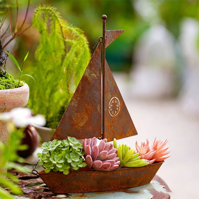 ⏰ NOW! 🌱  Rustic Sailboat Metal Planter - Handcrafted, weather-resistant & perfect for succulents, herbs or flowers – charming garden or shelf decor 🏡
