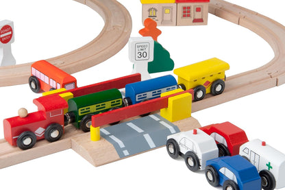 Wooden Train Set 100 PCS with City Blocks, Magnetic Trains, Roadway Vehicles, 11 Track Layouts, Classic Triple Loop Tracks, Compatible with Thomas Wooden Railway, BRIO and Melissa & Doug