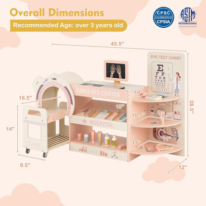 Kids Wooden Doctor Play Set, Checkup Medical Office Center & Vet Clinic Station, CT Machine & Interactive Accessories, X-Ray, Toddler Pretend Hospital Playset Kit for Boys Girls (Pink)