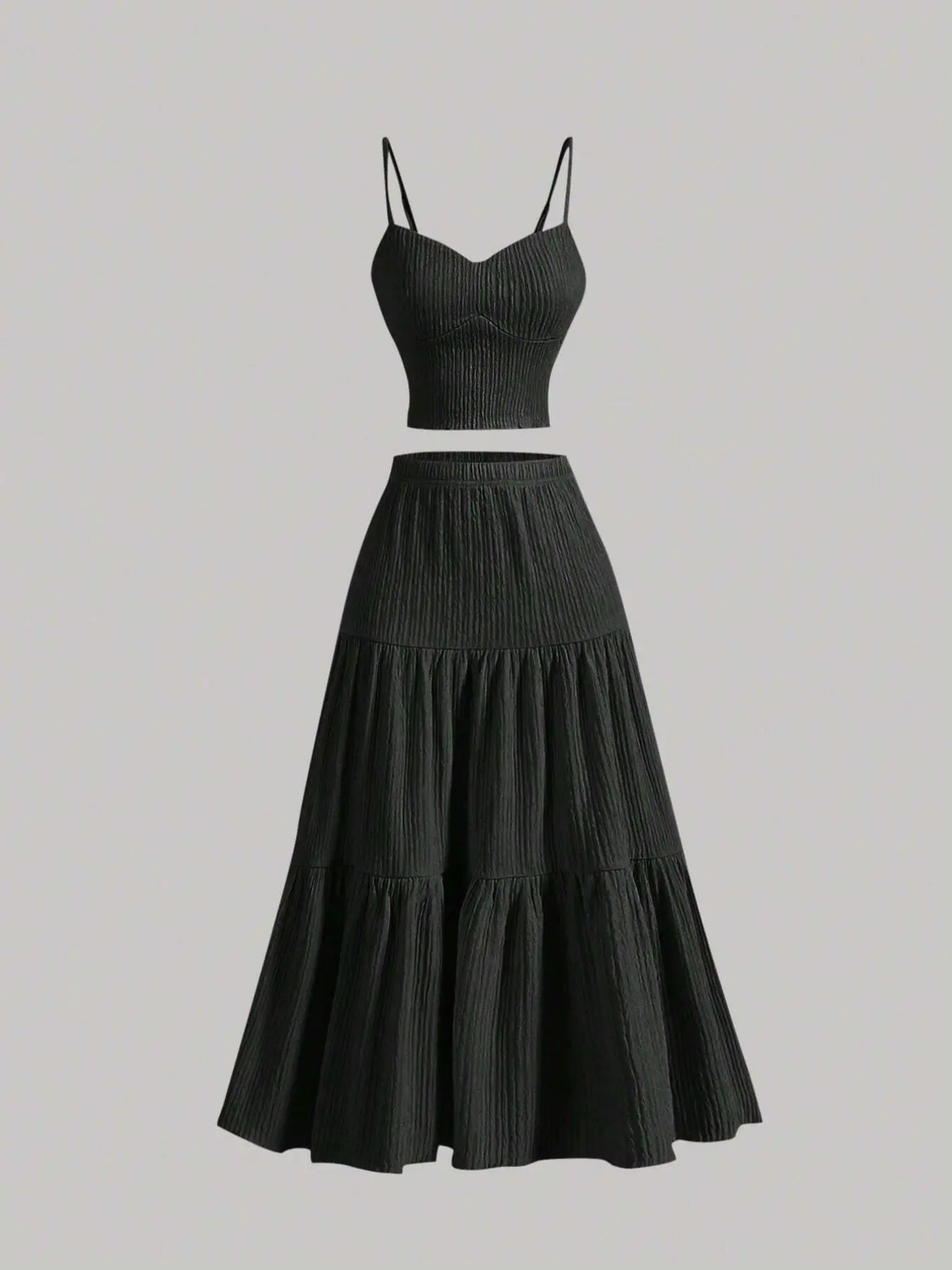 Women's Solid Crop Cami Top & A-Line Skirt Two-Piece Set – Casual Summer Outfit-A0019