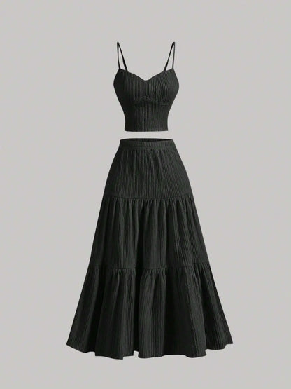 Women's Solid Crop Cami Top & A-Line Skirt Two-Piece Set – Casual Summer Outfit-A0019