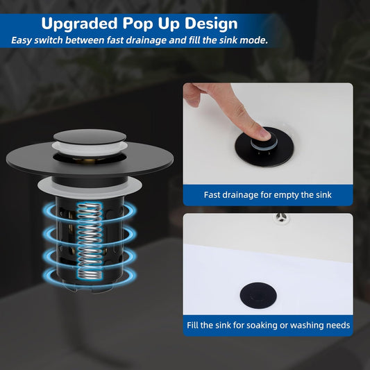 🔥50% OFF🔥 Hibbent Upgraded 3-in-1 Sink Drain Filter, Universal Pop-Up Stopper, Removable Stainless Steel Basket-Shaped Hair Catcher, Sink Stopper for 2.8–5.9 cm, Brass Cartridge, Matte Black