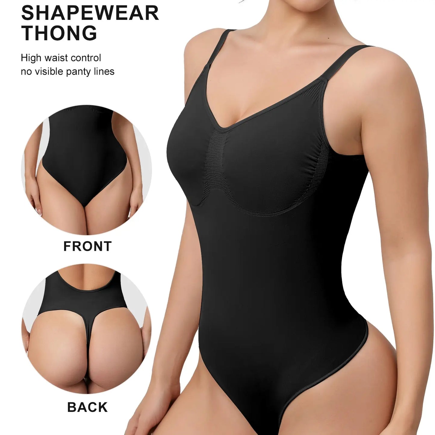 Mobeso Seamless Thong Bodysuit – Tummy Control Shapewear with V-Neck-A0018