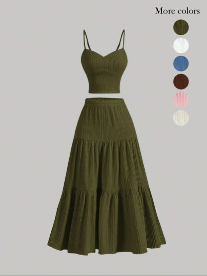 Women's Solid Crop Cami Top & A-Line Skirt Two-Piece Set – Casual Summer Outfit-A0019