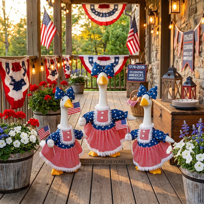 🦢🇺🇸The 250th US Anniversary Edition Porch Goose Decor Set — (Includes Bow & USA Flag) ❤️🤍💙