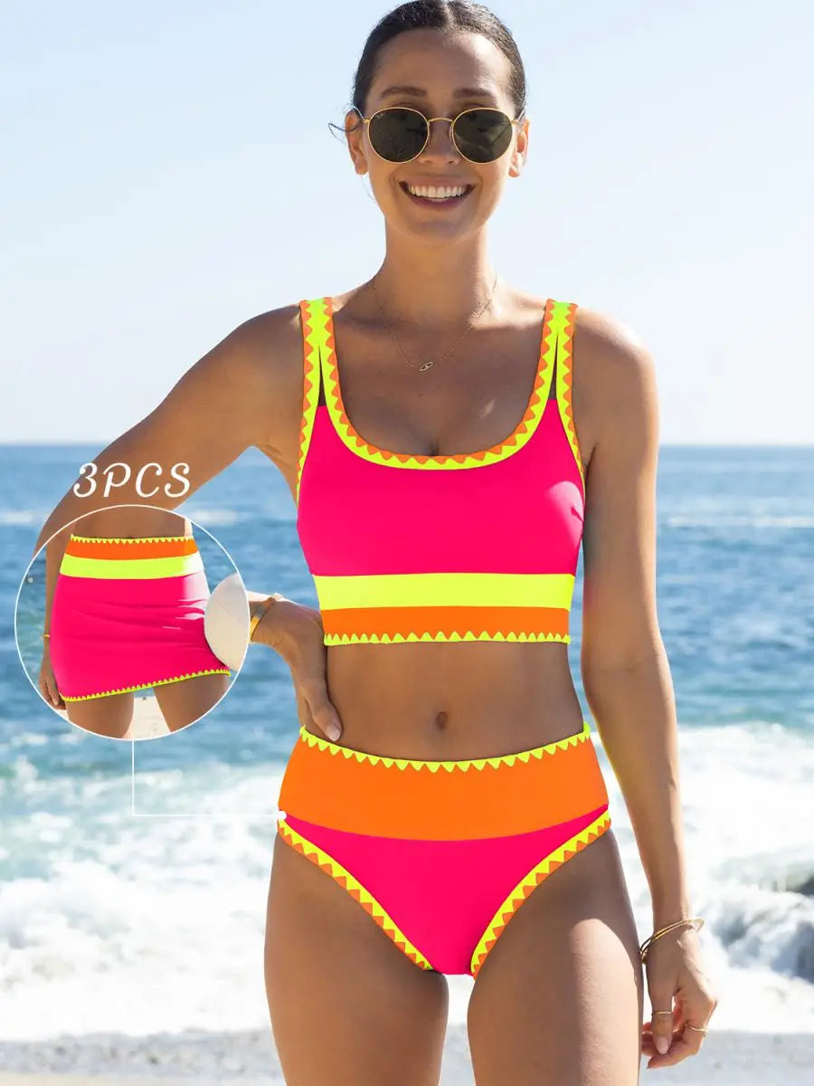 Popvil 3 Piece Bikini Set – Tummy Control High Waisted Swimsuit with Skirt Cover-Up-A0005