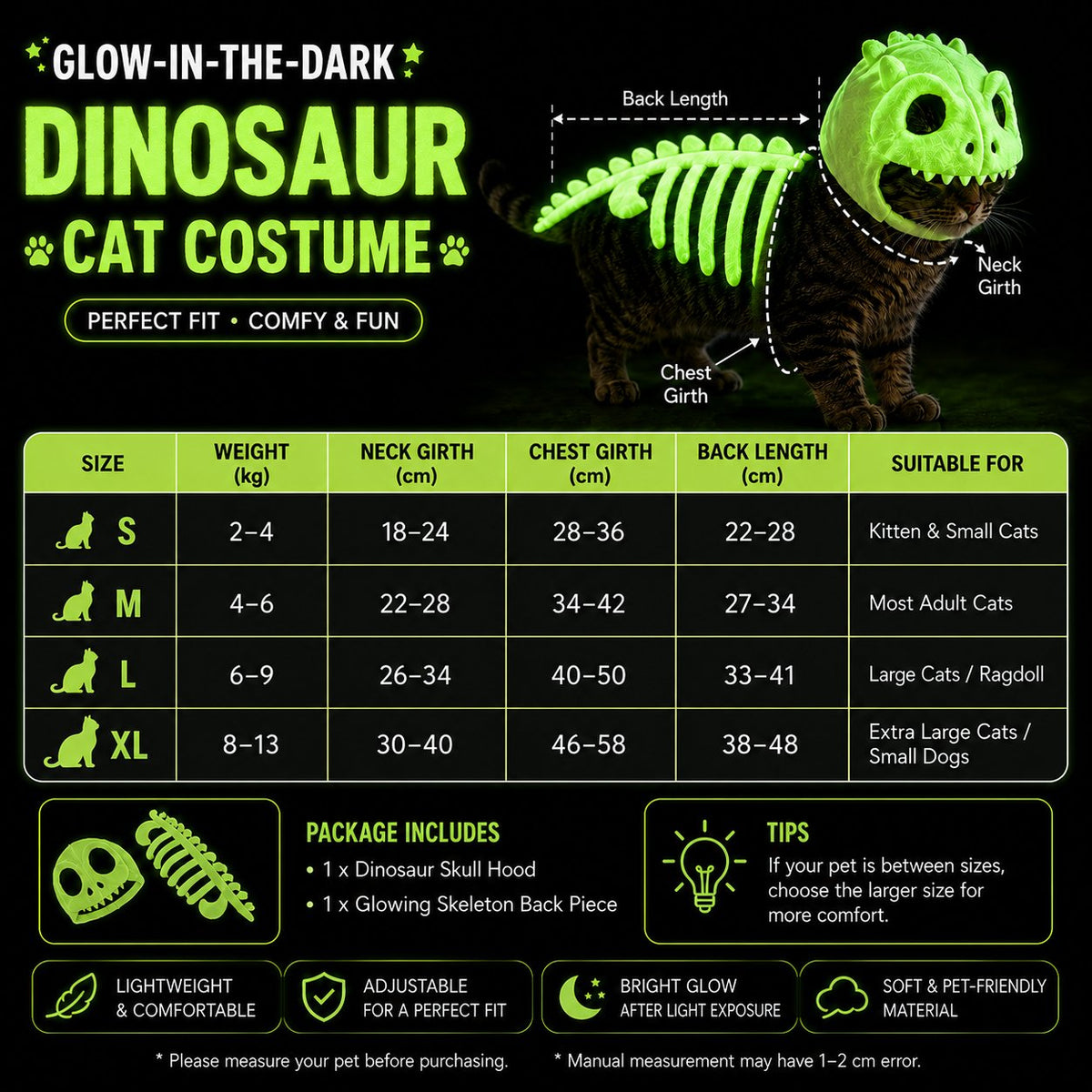 🎉🦖 Glow-in-the-Dark Dinosaur Skeleton Cat Costume — Let Your Kitty Roar at Night! ✨
