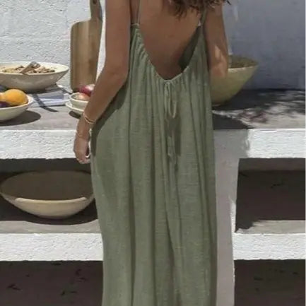 Women's Solid Color Cami Lounge Dress – Elegant Sleeveless Maxi Dress for Summer-A0022