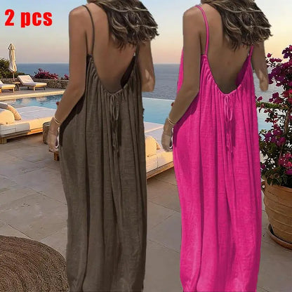 Women's Solid Color Cami Lounge Dress – Elegant Sleeveless Maxi Dress for Summer-A0022