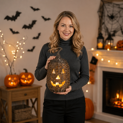 🔥Last Day 60% OFF🔥Rustic Wicker Pumpkin Candle Holder - Handwoven Jack-O’-Lantern Halloween Porch Decor