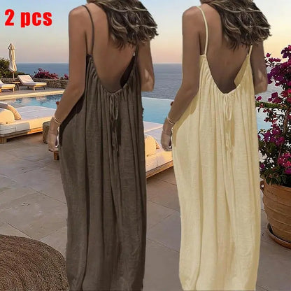 Women's Solid Color Cami Lounge Dress – Elegant Sleeveless Maxi Dress for Summer-A0022