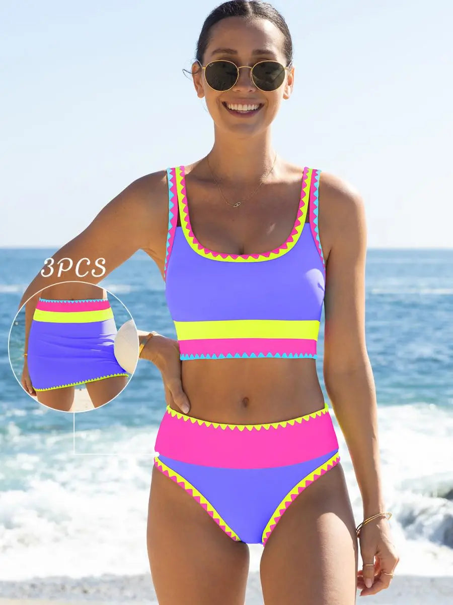 Popvil 3 Piece Bikini Set – Tummy Control High Waisted Swimsuit with Skirt Cover-Up-A0005