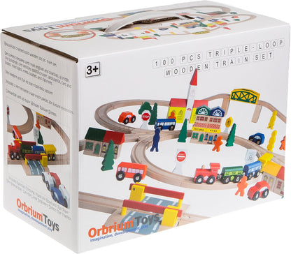 Wooden Train Set 100 PCS with City Blocks, Magnetic Trains, Roadway Vehicles, 11 Track Layouts, Classic Triple Loop Tracks, Compatible with Thomas Wooden Railway, BRIO and Melissa & Doug
