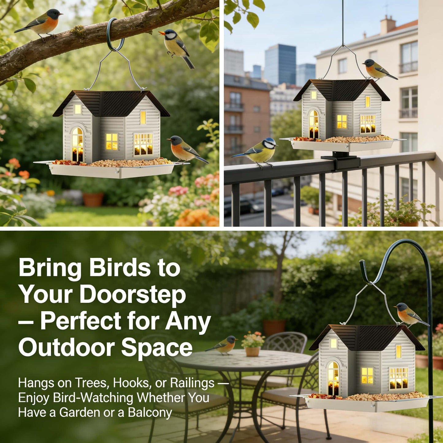 🏠Solar‐Powered Hanging Bird Feeder with Glow – Sturdy Metal Hopper Design🌙🐦