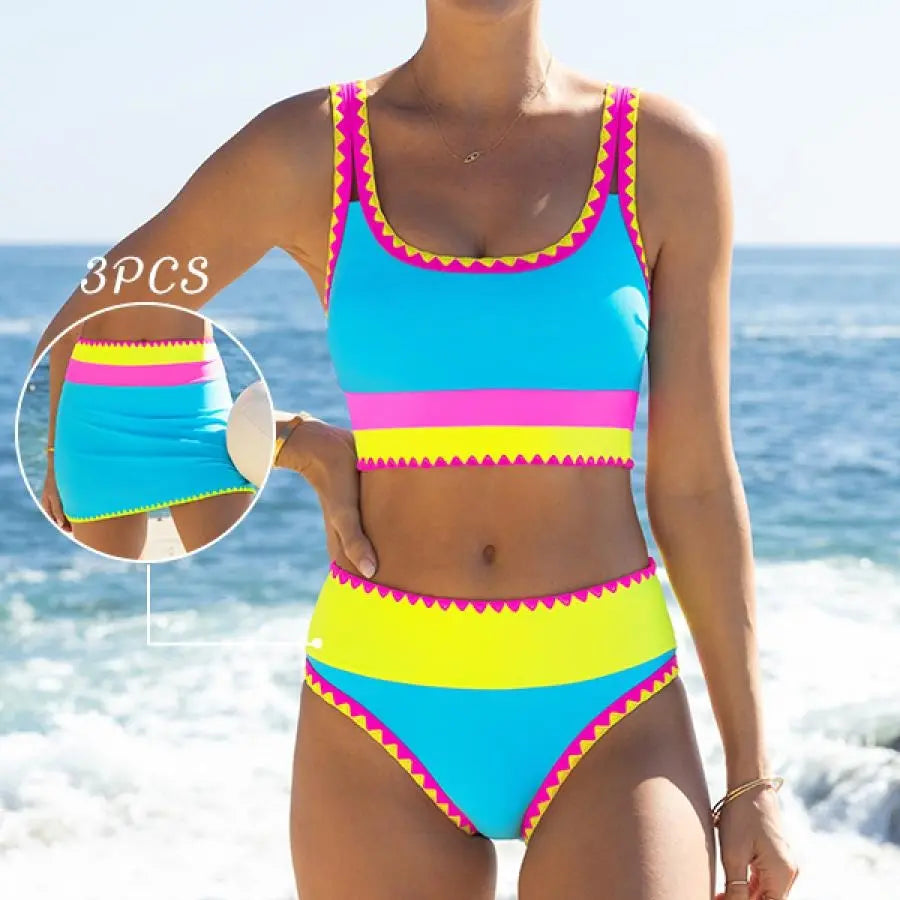 Popvil 3 Piece Bikini Set – Tummy Control High Waisted Swimsuit with Skirt Cover-Up-A0005
