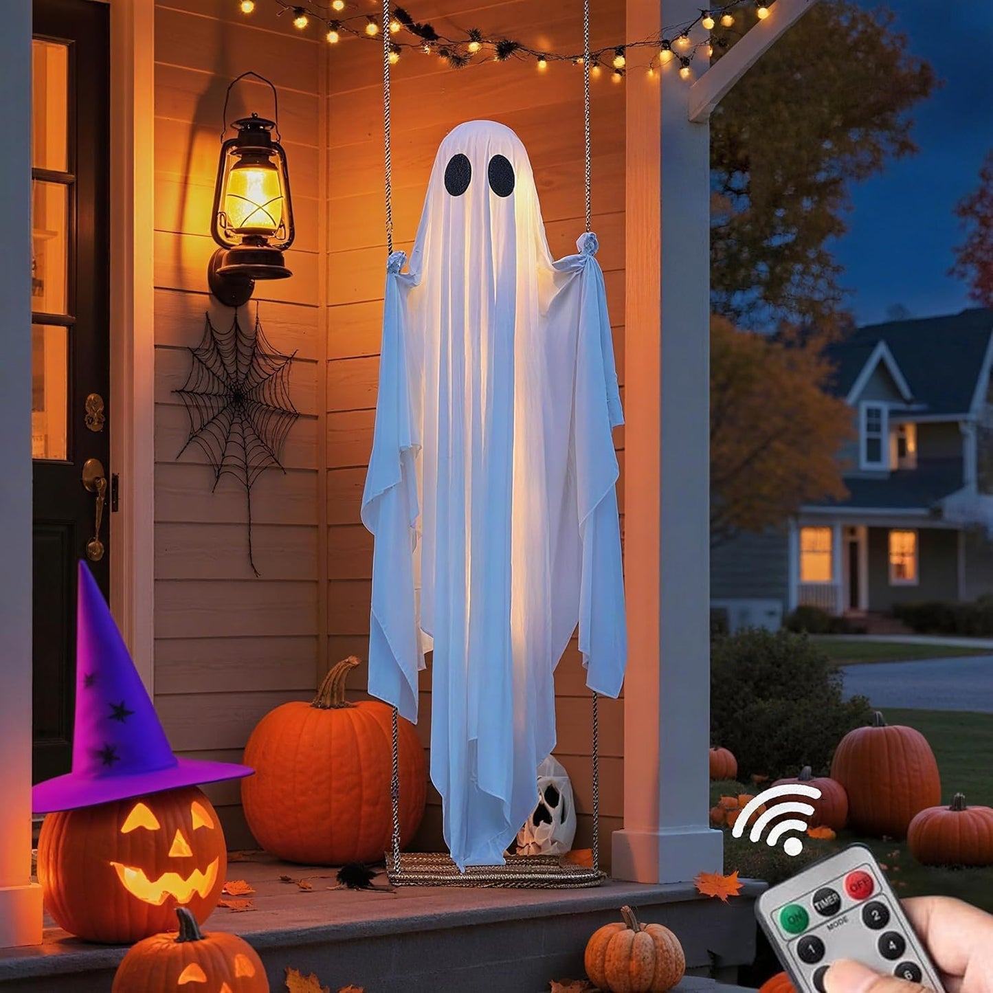 🎁HOT DEAL – Up to 49% OFF🔥Halloween Decorations Outdoor Hanging Swing Ghost Halloween Decor with String Lights, Spooky Cute Ghosts Decorations for Front Porch Yard Tree