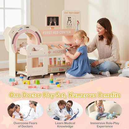Kids Wooden Doctor Play Set, Checkup Medical Office Center & Vet Clinic Station, CT Machine & Interactive Accessories, X-Ray, Toddler Pretend Hospital Playset Kit for Boys Girls (Pink)