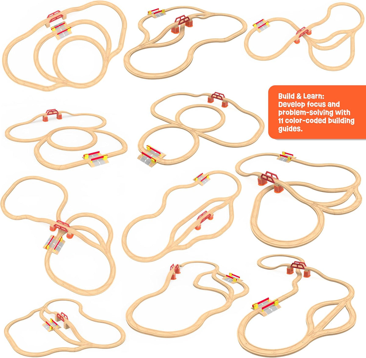 Wooden Train Set 100 PCS with City Blocks, Magnetic Trains, Roadway Vehicles, 11 Track Layouts, Classic Triple Loop Tracks, Compatible with Thomas Wooden Railway, BRIO and Melissa & Doug