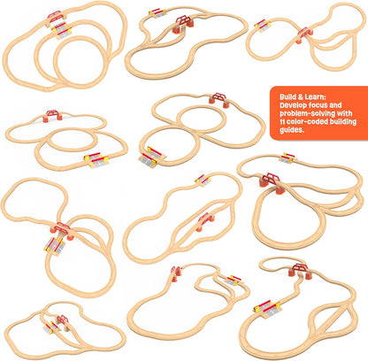 Wooden Train Set 100 PCS with City Blocks, Magnetic Trains, Roadway Vehicles, 11 Track Layouts, Classic Triple Loop Tracks, Compatible with Thomas Wooden Railway, BRIO and Melissa & Doug