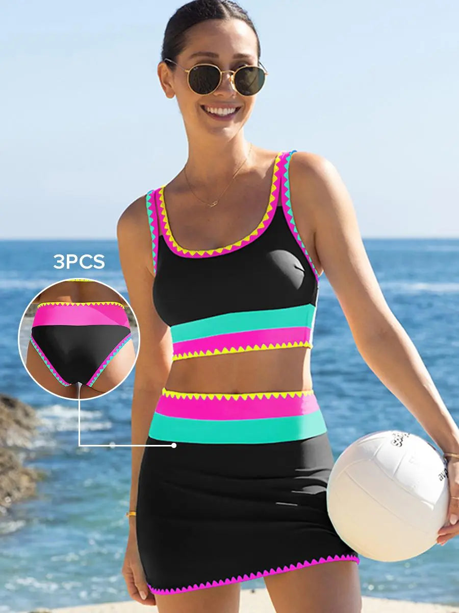 Popvil 3 Piece Bikini Set – Tummy Control High Waisted Swimsuit with Skirt Cover-Up-A0005