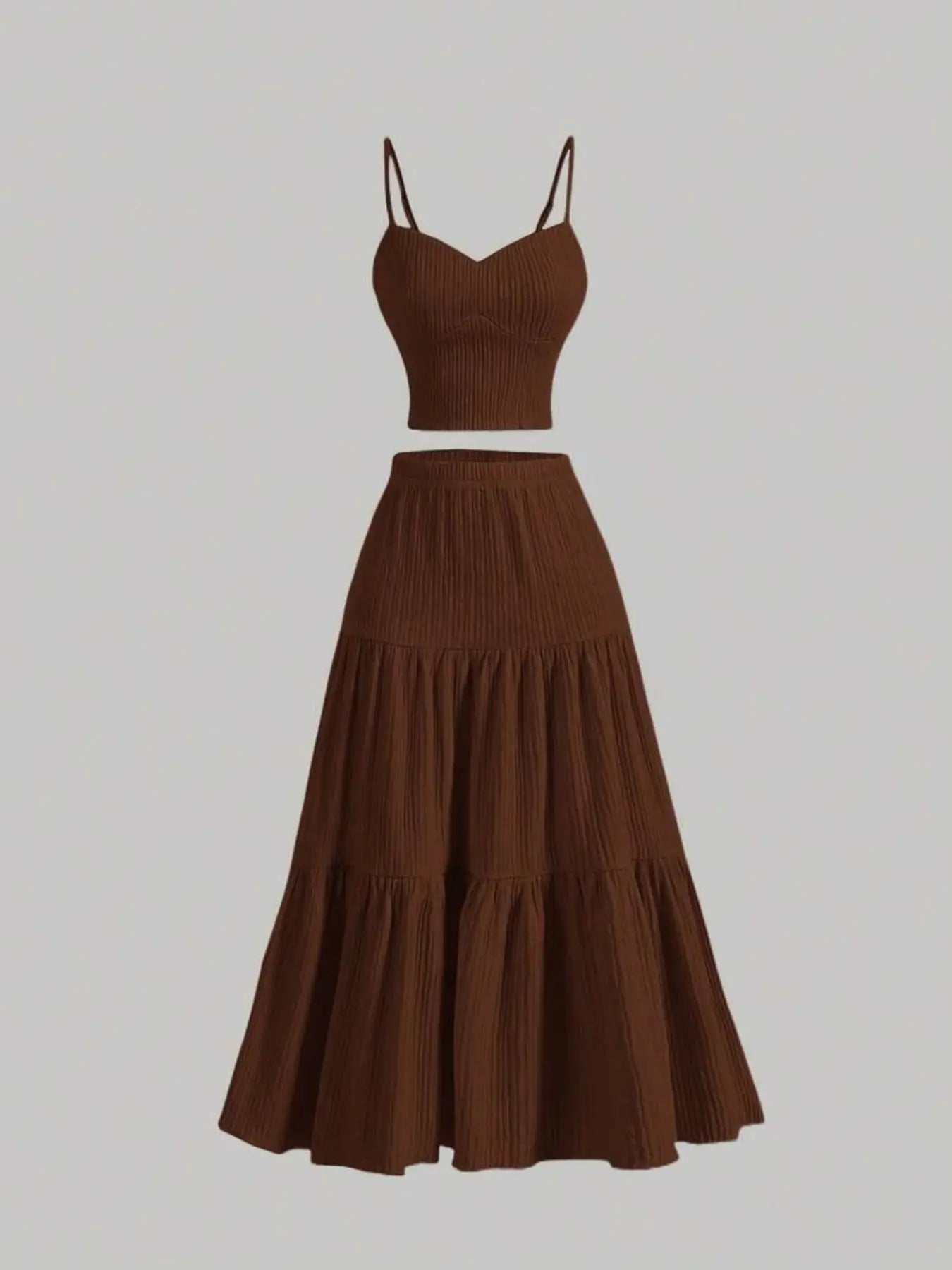 Women's Solid Crop Cami Top & A-Line Skirt Two-Piece Set – Casual Summer Outfit-A0019