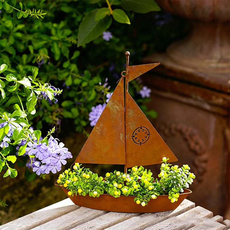 ⏰ NOW! 🌱  Rustic Sailboat Metal Planter - Handcrafted, weather-resistant & perfect for succulents, herbs or flowers – charming garden or shelf decor 🏡