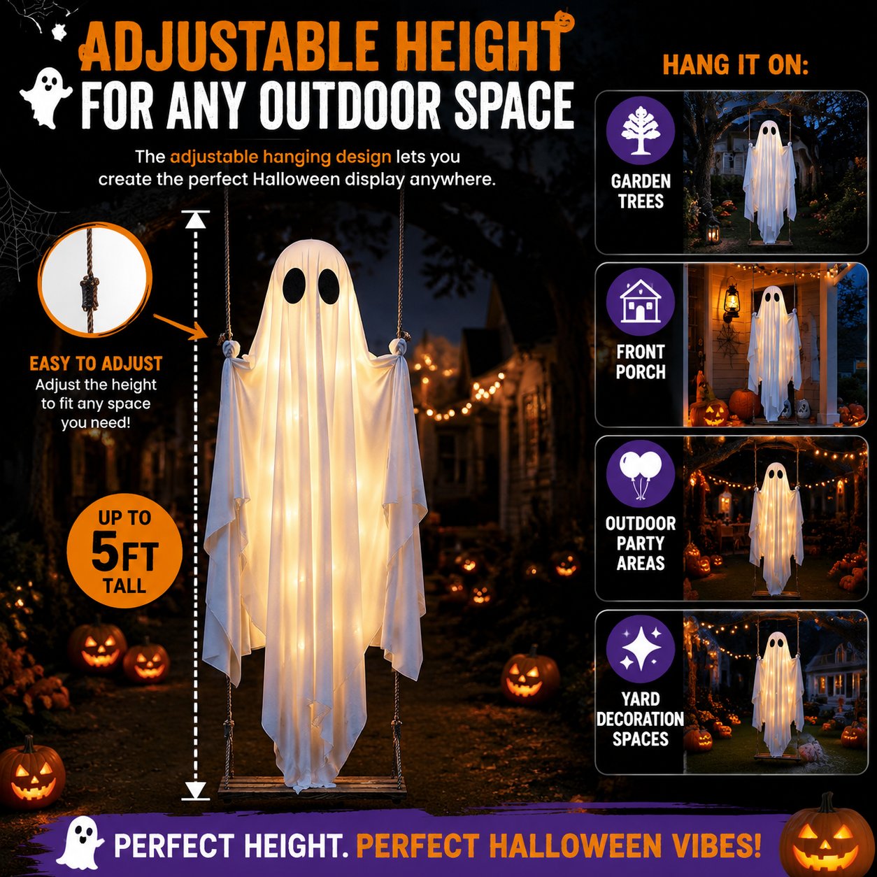 🎁HOT DEAL – Up to 49% OFF🔥Halloween Decorations Outdoor Hanging Swing Ghost Halloween Decor with String Lights, Spooky Cute Ghosts Decorations for Front Porch Yard Tree