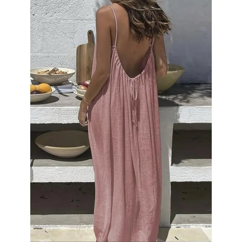 Women's Solid Color Cami Lounge Dress – Elegant Sleeveless Maxi Dress for Summer-A0022