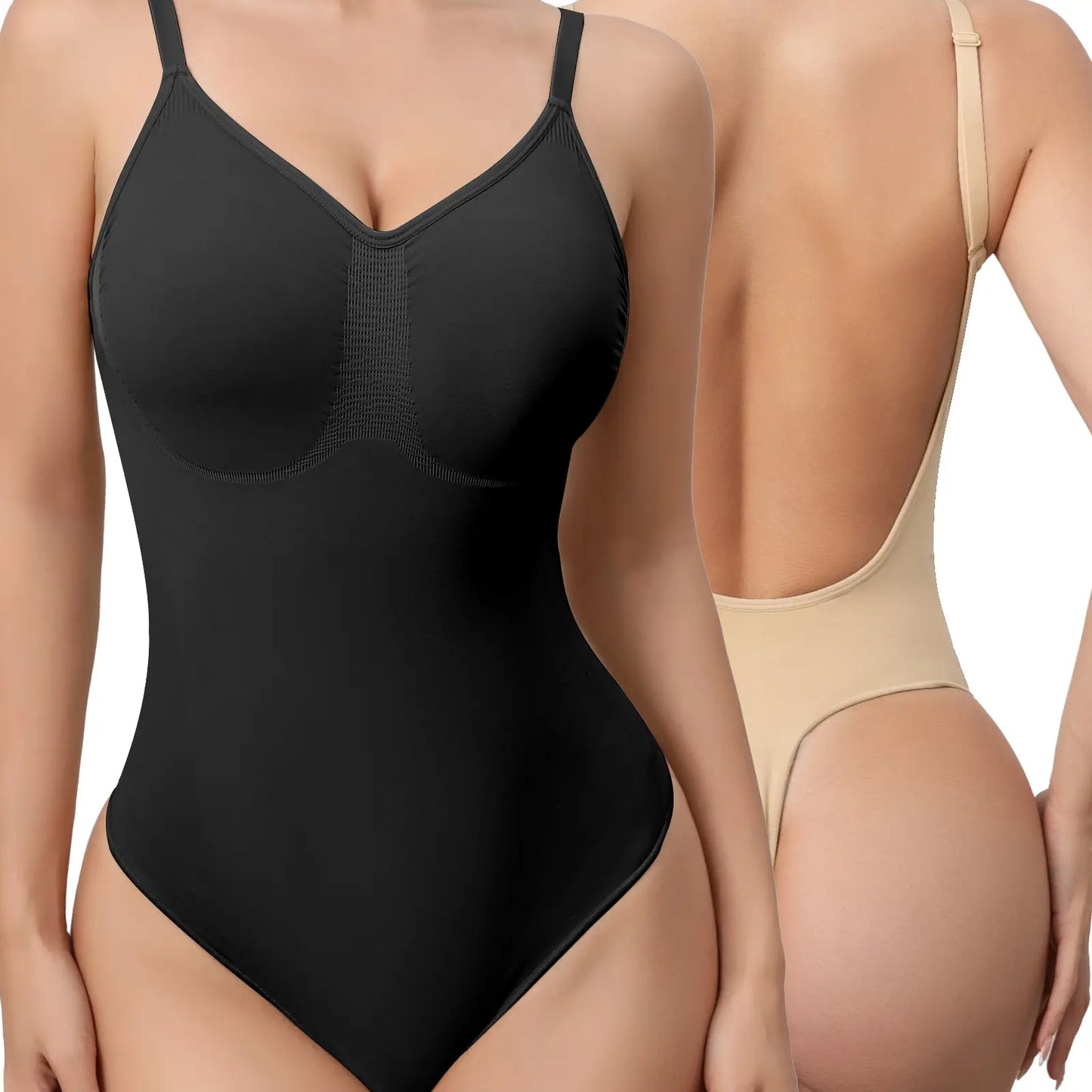 Mobeso Seamless Thong Bodysuit – Tummy Control Shapewear with V-Neck-A0018