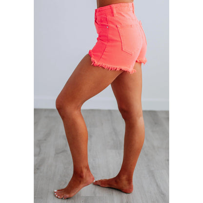 Mae Risen Shorts in Neon Coral – Women's High-Rise Shorts-A0001