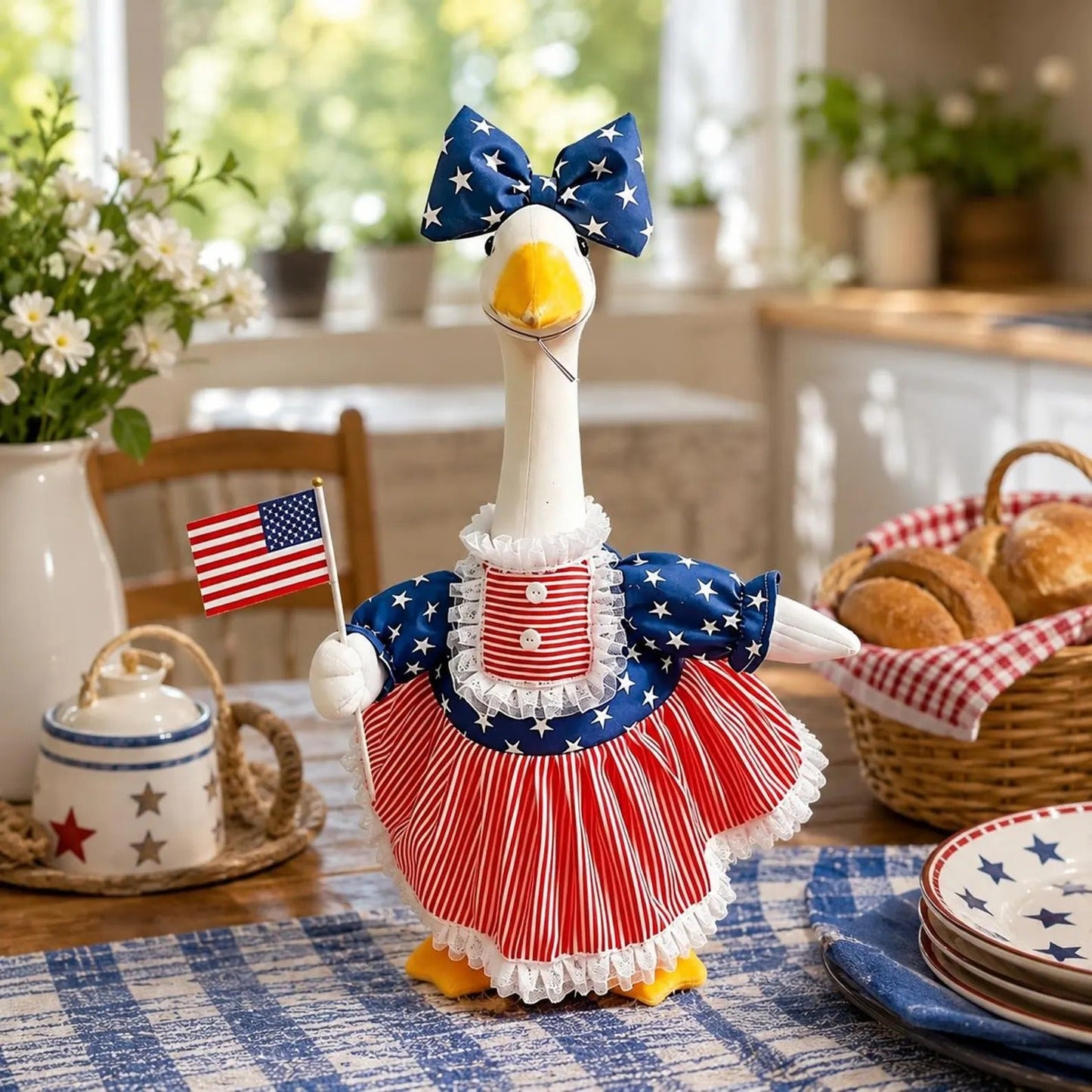 🦢🇺🇸The 250th US Anniversary Edition Porch Goose Decor Set — (Includes Bow & USA Flag) ❤️🤍💙