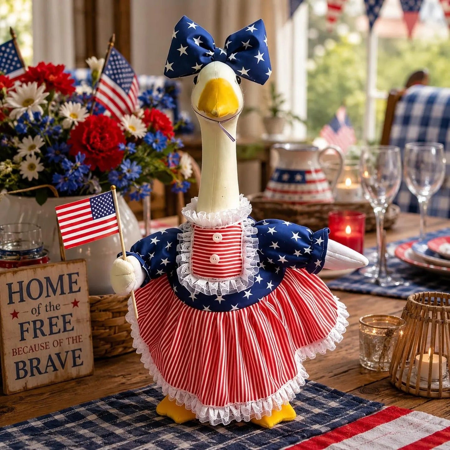 🦢🇺🇸The 250th US Anniversary Edition Porch Goose Decor Set — (Includes Bow & USA Flag) ❤️🤍💙