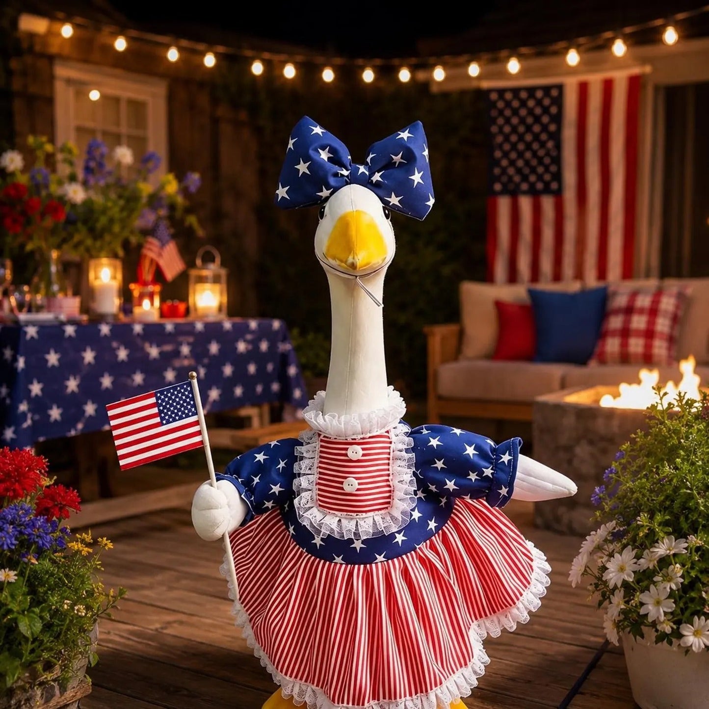 🦢🇺🇸The 250th US Anniversary Edition Porch Goose Decor Set — (Includes Bow & USA Flag) ❤️🤍💙