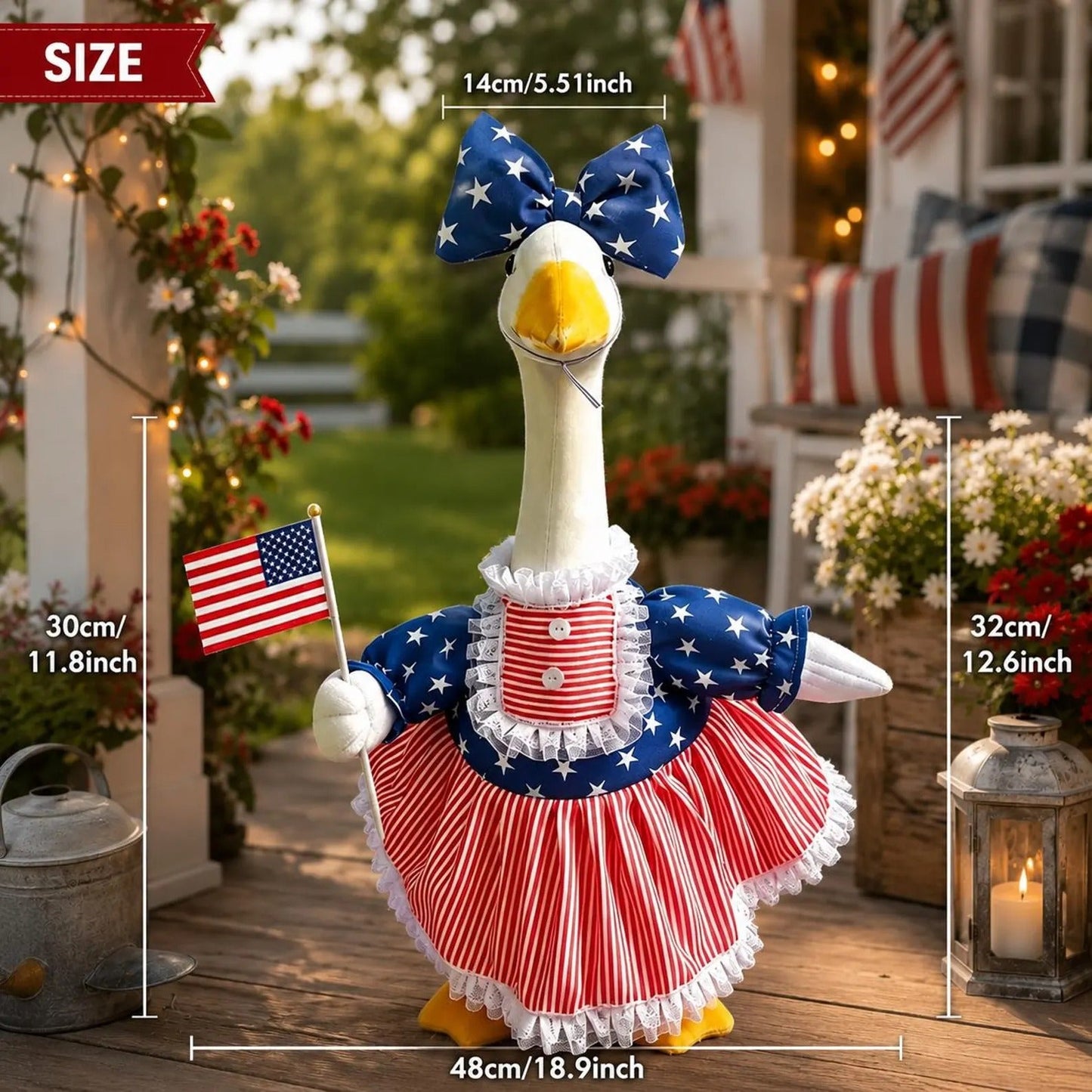 🦢🇺🇸The 250th US Anniversary Edition Porch Goose Decor Set — (Includes Bow & USA Flag) ❤️🤍💙