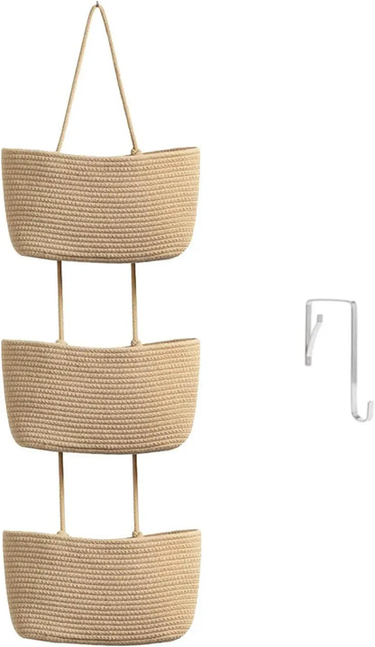 3-Tier Woven Cotton Wall-Mounted Storage Organizer Bag