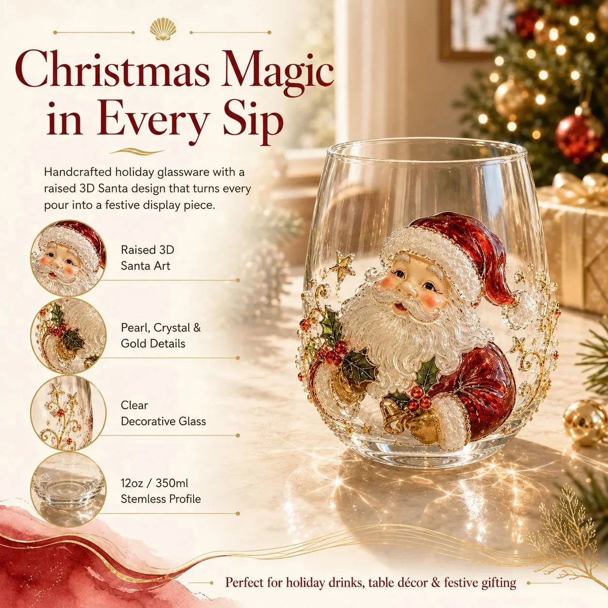 Raised 3D Christmas Art Glass Cup