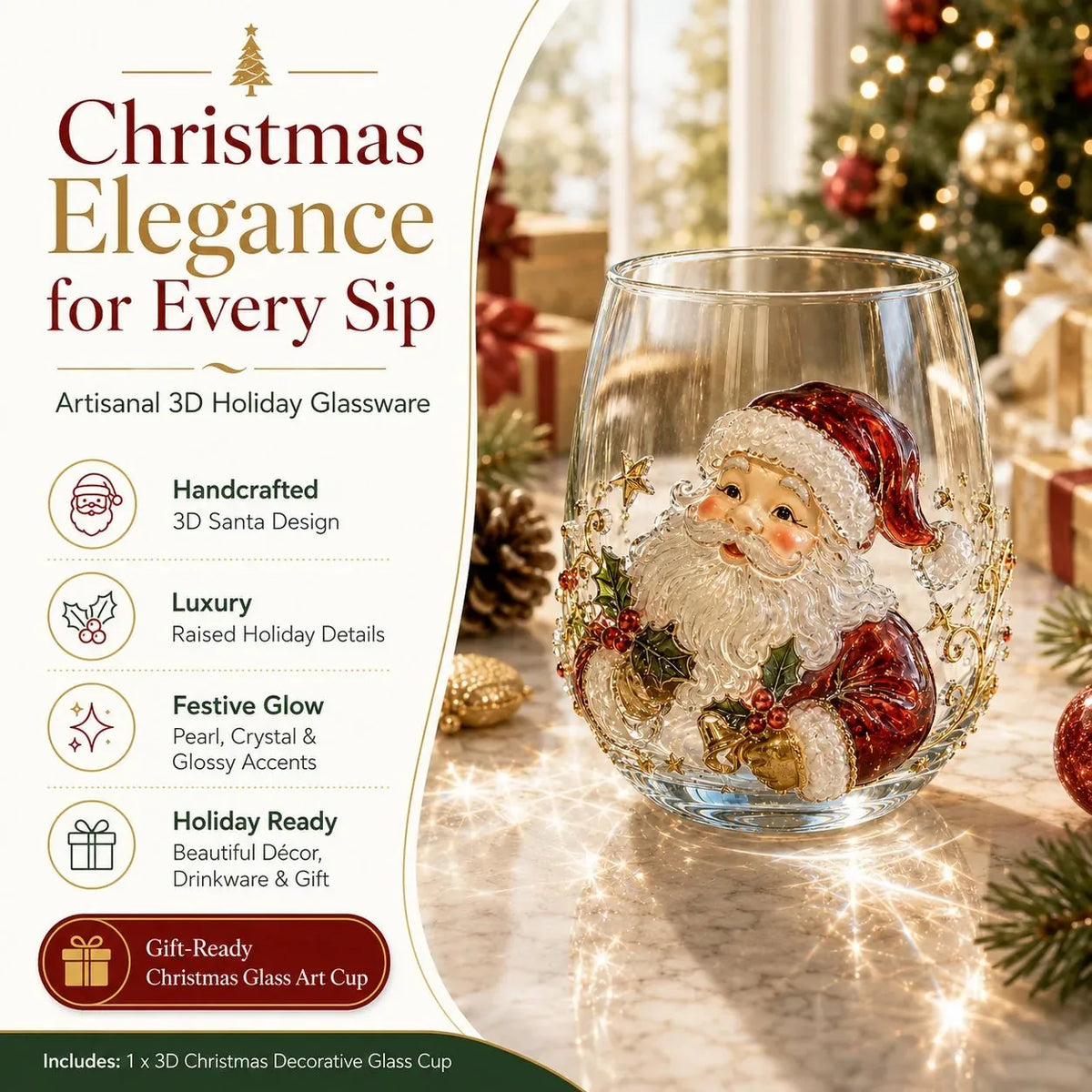 Raised 3D Christmas Art Glass Cup