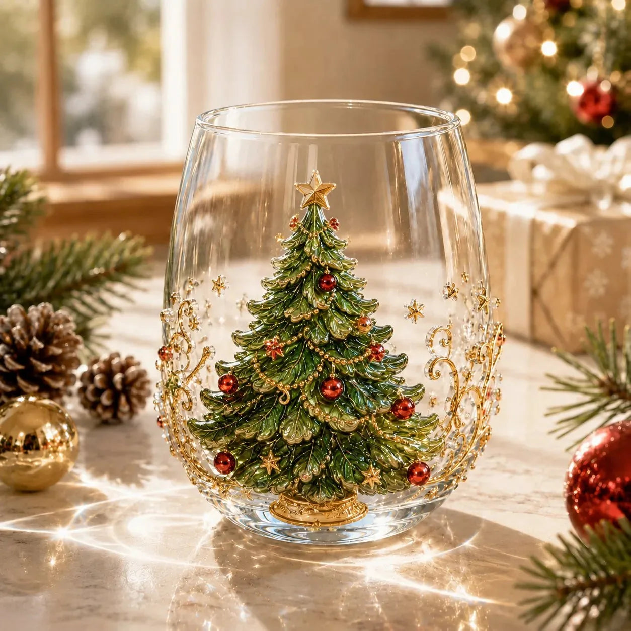 Raised 3D Christmas Art Glass Cup