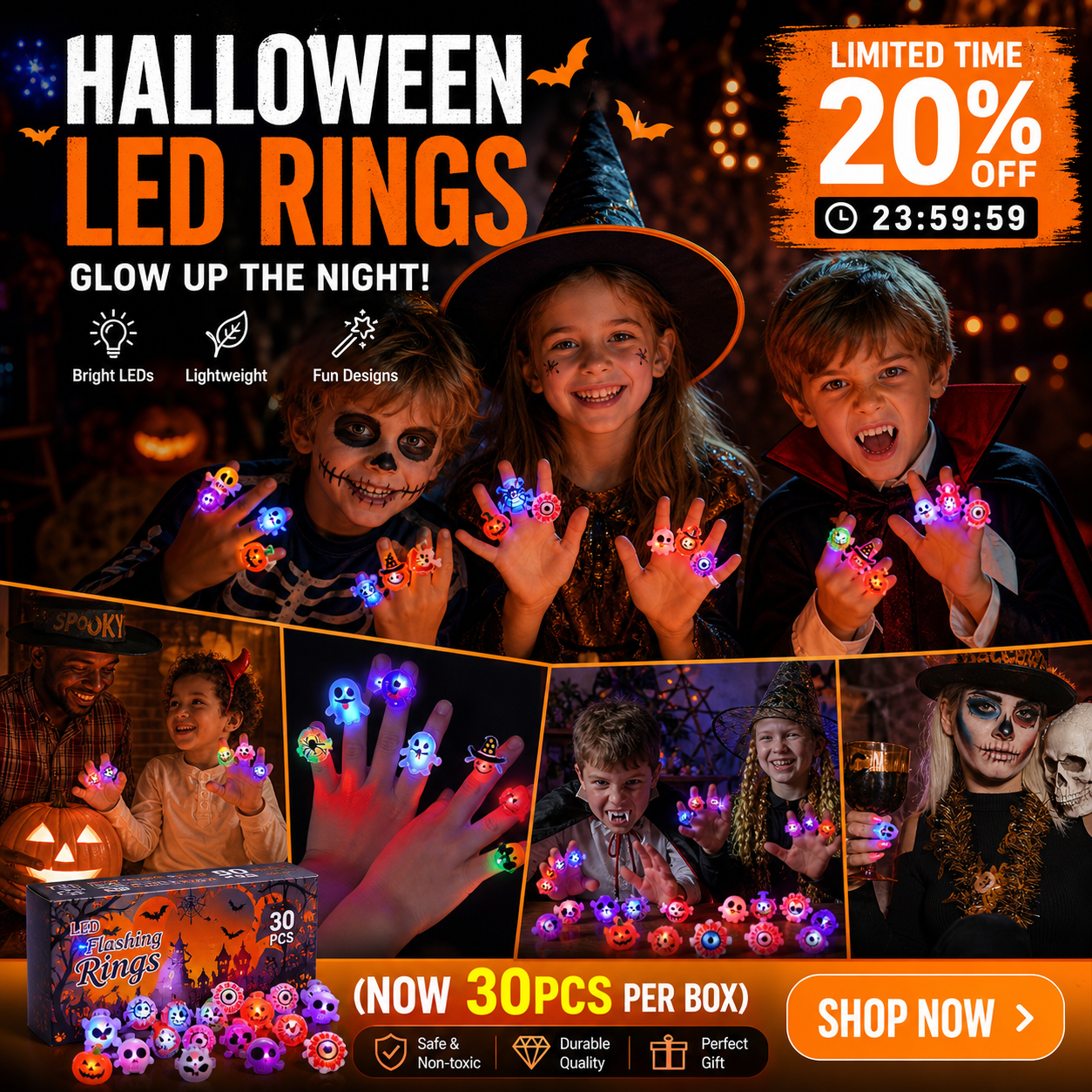 🎁LED Light Halloween Glowing Ring😍Set of 50 PCS