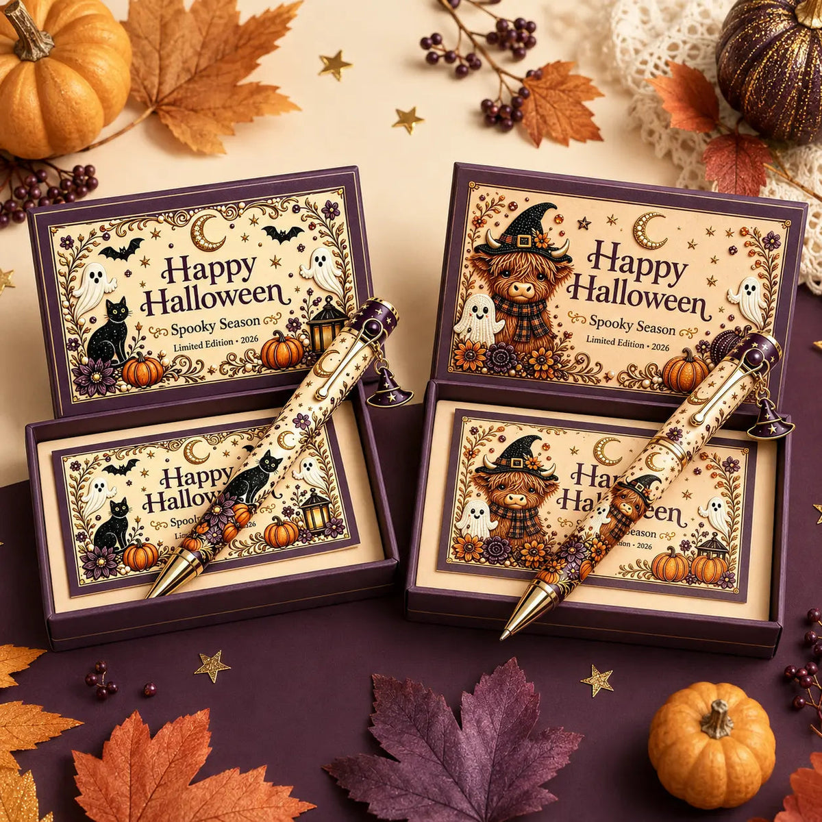 🎃 2026 Limited-Edition Halloween Keepsake Pen Gift Set – Black Cat & Highland Cow Witch